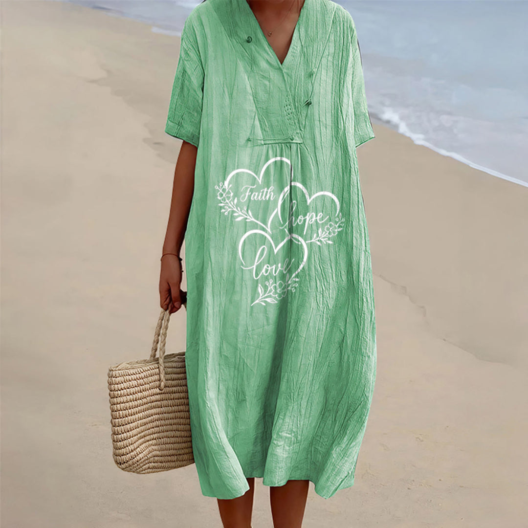 Christianartworkshop Floral Heart "Faith Hope Love" Print V-Neck Short Sleeve Midi Dress - Green - 4XL - image 0
