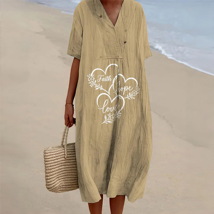 Christianartworkshop Floral Heart "Faith Hope Love" Print V-Neck Short Sleeve Midi Dress - Khaki - 4XL - image 6