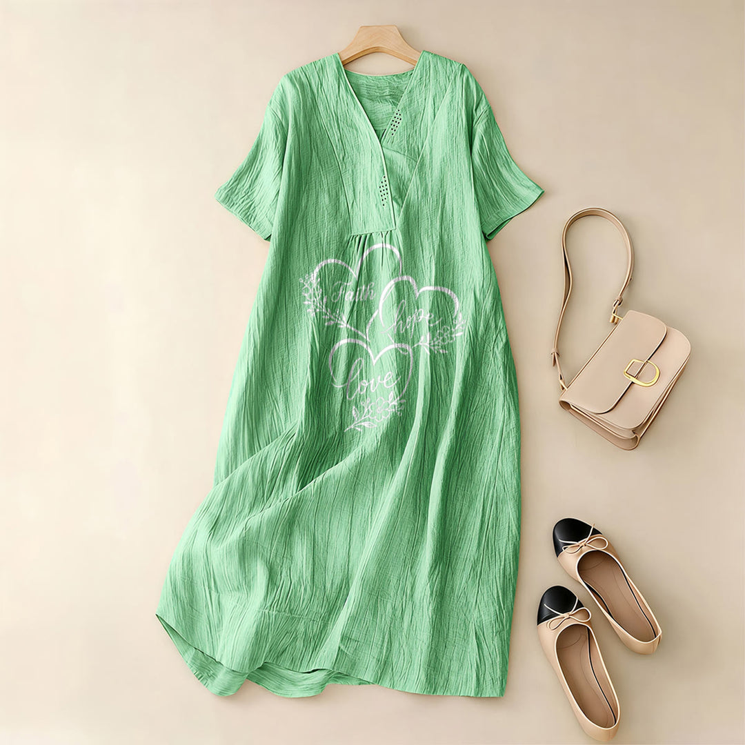 Christianartworkshop Floral Heart "Faith Hope Love" Print V-Neck Short Sleeve Midi Dress - image 1