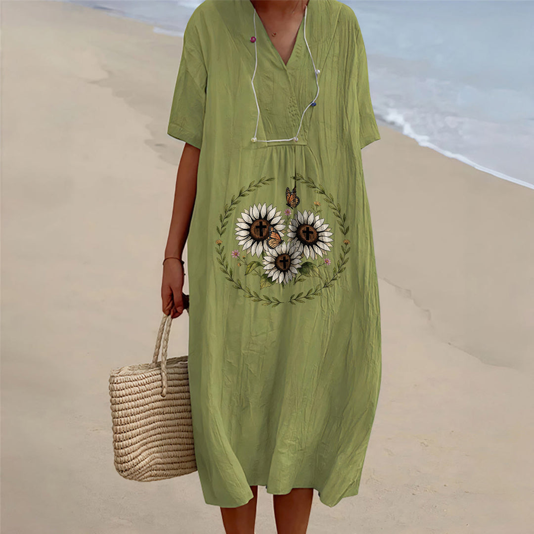 Christianartworkshop Devotional Sunflower Cross & Butterfly Wreath V-Neck Short Sleeve Midi Dress - Olive Green - 4XL - image 10