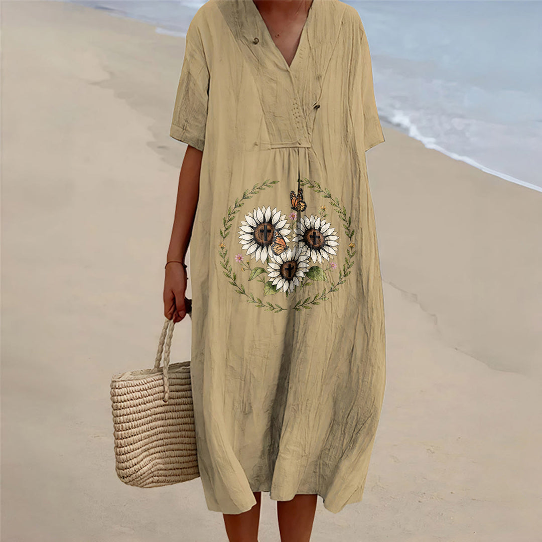 Christianartworkshop Devotional Sunflower Cross & Butterfly Wreath V-Neck Short Sleeve Midi Dress - Khaki - 4XL - image 0