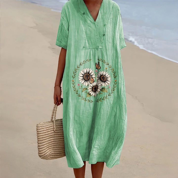 Christianartworkshop Devotional Sunflower Cross & Butterfly Wreath V-Neck Short Sleeve Midi Dress - Green - 4XL - image 6