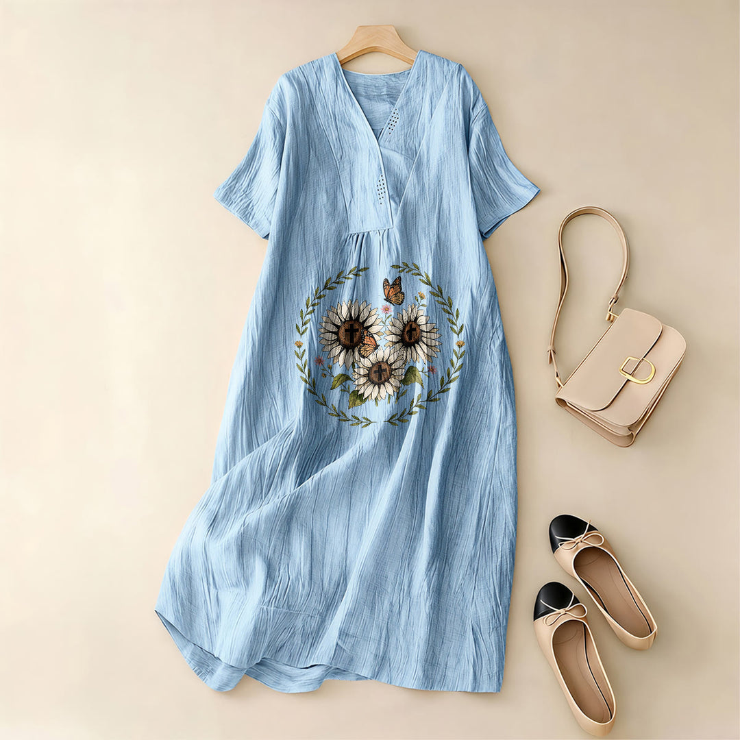 Christianartworkshop Devotional Sunflower Cross & Butterfly Wreath V-Neck Short Sleeve Midi Dress - image 3