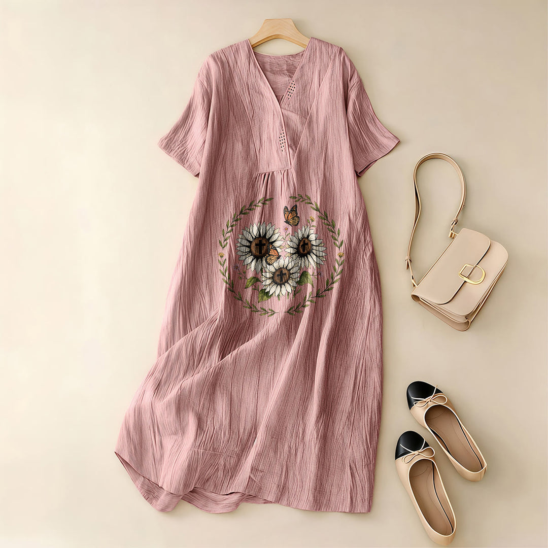 Christianartworkshop Devotional Sunflower Cross & Butterfly Wreath V-Neck Short Sleeve Midi Dress - image 9