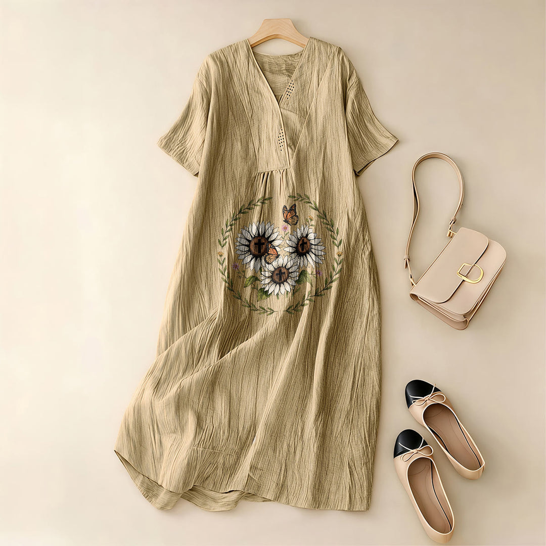 Christianartworkshop Devotional Sunflower Cross & Butterfly Wreath V-Neck Short Sleeve Midi Dress - image 1