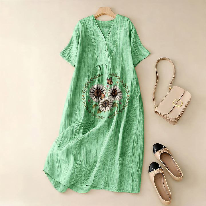 Christianartworkshop Devotional Sunflower Cross & Butterfly Wreath V-Neck Short Sleeve Midi Dress - image 7