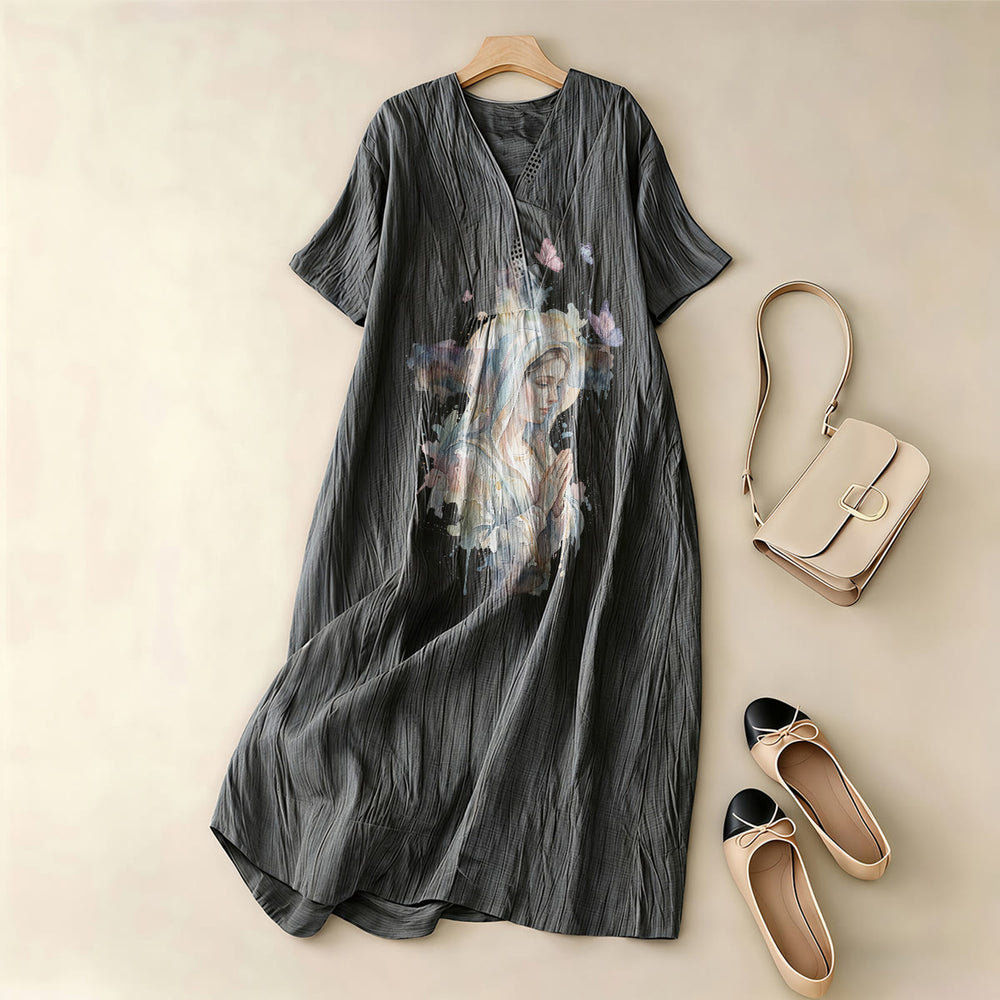 Christianartworkshop Watercolor Our Lady of Guadalupe & Butterflies V-Neck Short Sleeve Midi Dress - image 1