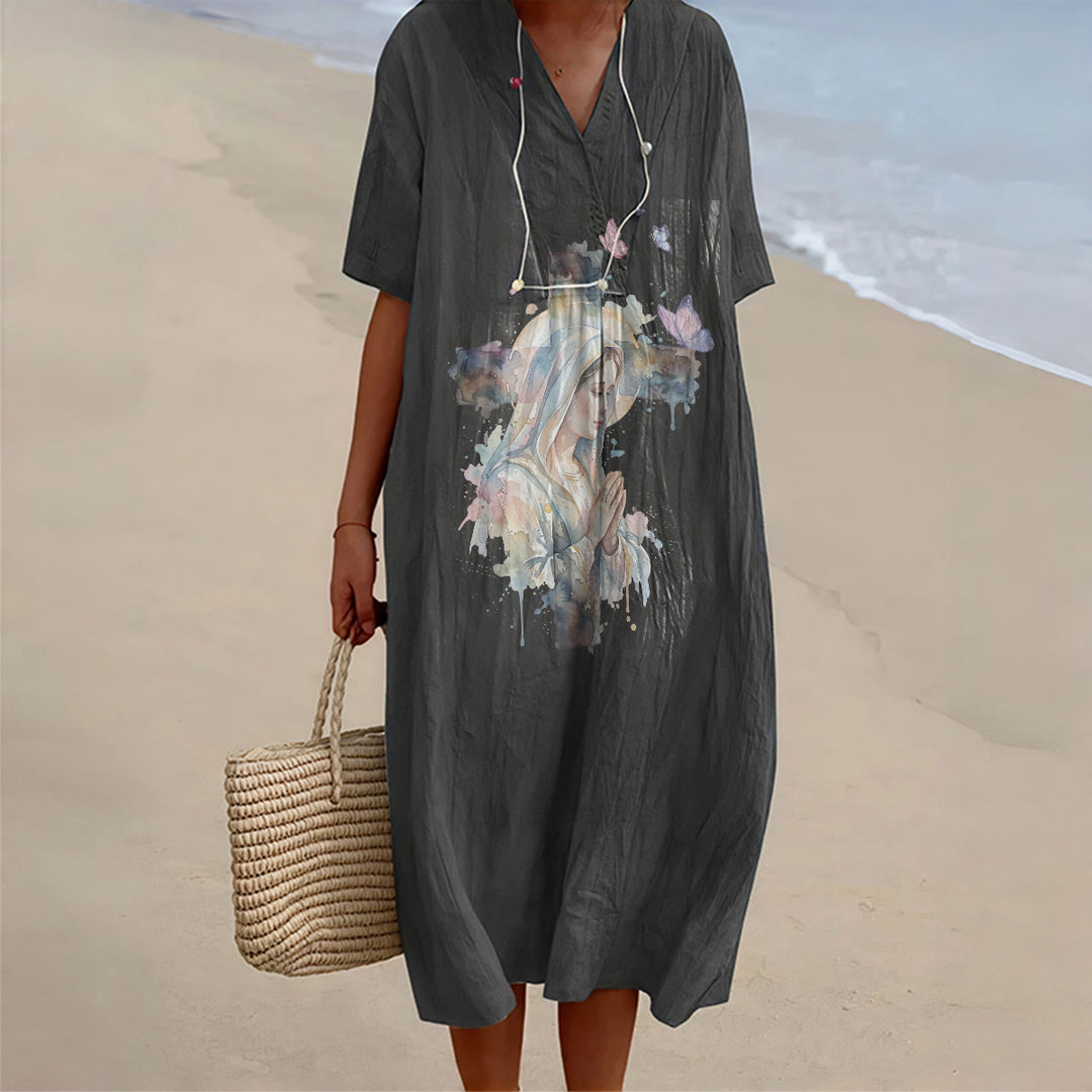 Christianartworkshop Watercolor Our Lady of Guadalupe & Butterflies V-Neck Short Sleeve Midi Dress - Black - 4XL - image 0