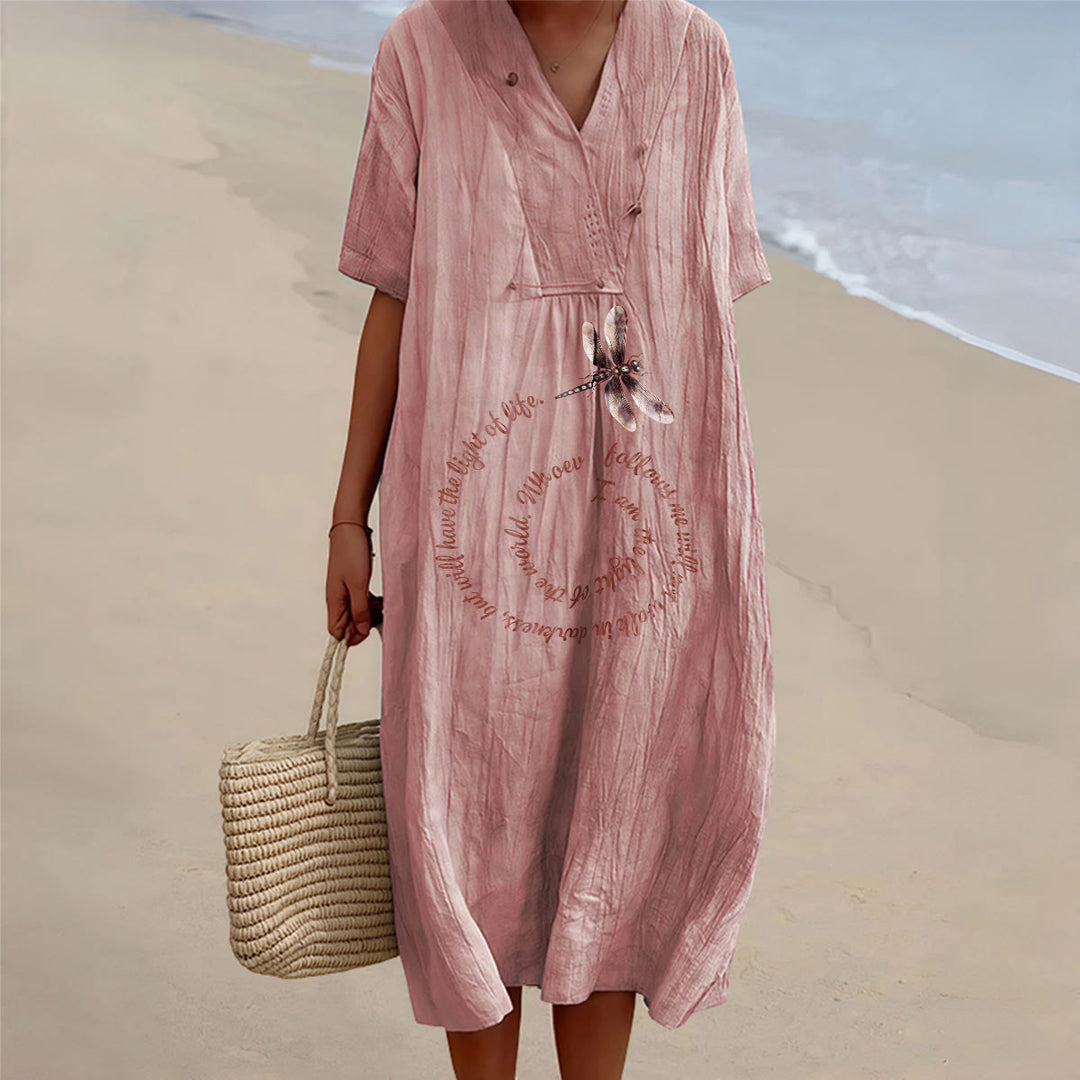 Christianartworkshop Relaxed Fit Dragonfly & Inspirational Verse V-Neck Short Sleeve Midi Dress - Pink - 4XL - image 8