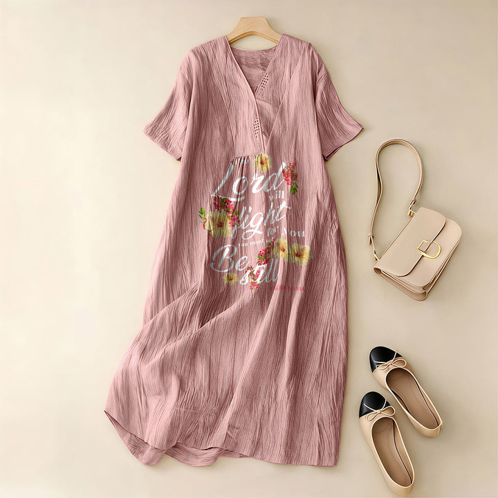 Christianartworkshop Hibiscus Floral Accent "The Lord Will Fight For You" V-Neck Short Sleeve Midi Dress - image 1