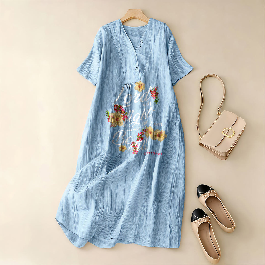 Christianartworkshop Hibiscus Floral Accent "The Lord Will Fight For You" V-Neck Short Sleeve Midi Dress - image 3