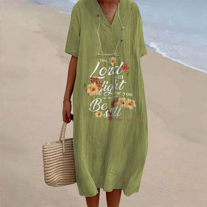 Christianartworkshop Hibiscus Floral Accent "The Lord Will Fight For You" V-Neck Short Sleeve Midi Dress - Olive Green - 4XL - image 10