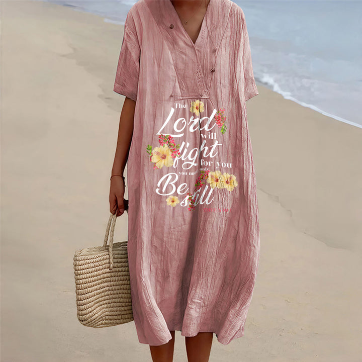 Christianartworkshop Hibiscus Floral Accent "The Lord Will Fight For You" V-Neck Short Sleeve Midi Dress - Pink - 4XL - image 0