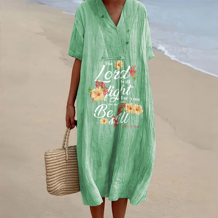 Christianartworkshop Hibiscus Floral Accent "The Lord Will Fight For You" V-Neck Short Sleeve Midi Dress - Green - 4XL - image 6