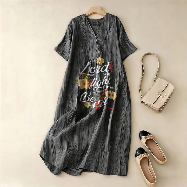 Christianartworkshop Hibiscus Floral Accent "The Lord Will Fight For You" V-Neck Short Sleeve Midi Dress - image 5