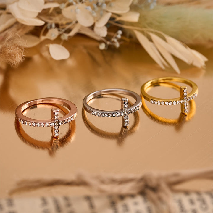 Christianartworkshop Delicate Sideways Cross Zircon Ring with All-Over Stone Setting: A Reminder of Understated Divine Grace - image 0