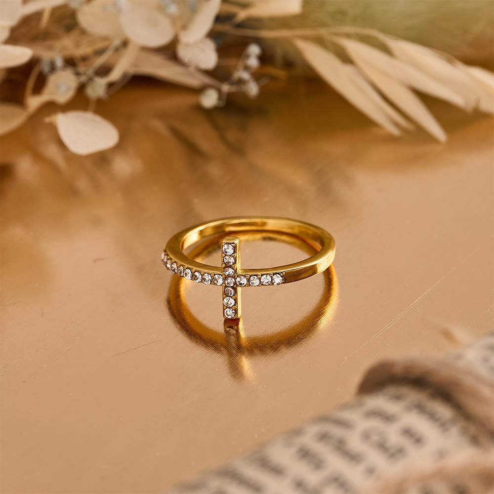 Christianartworkshop Delicate Sideways Cross Zircon Ring with All-Over Stone Setting: A Reminder of Understated Divine Grace - Golden - US 13 - image 1