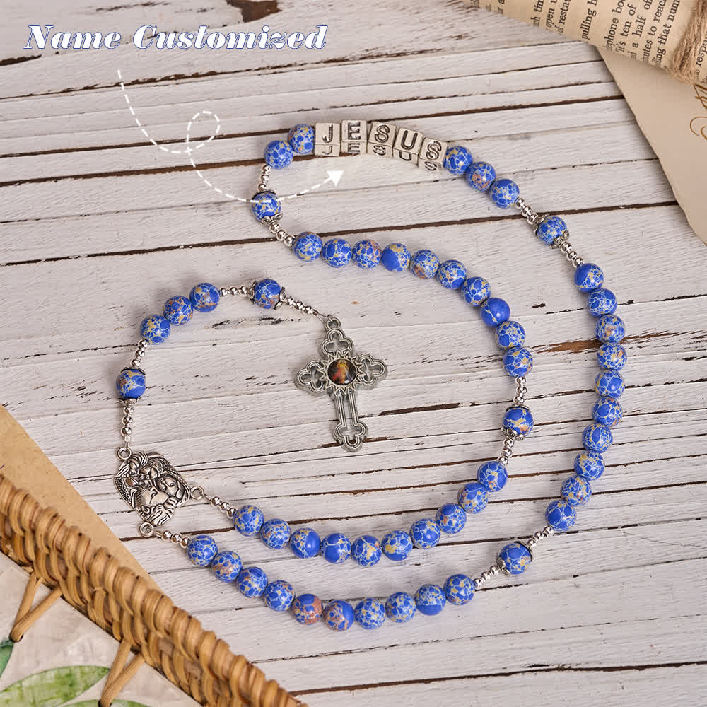 Christianartworkshop Regal Blue Emperor Stone Rosary with Holy Family & Divine Mercy Cross - Name Customized(All in capitals) - image 7