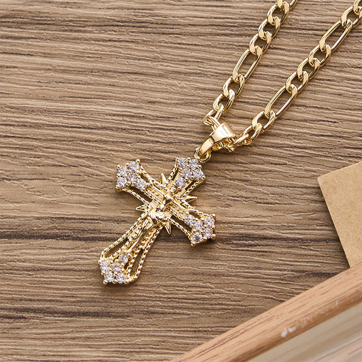Christianartworkshop Ornate Zircon Crucifix Pendant Necklace with Figaro Chain: A Symbol of Sacred Devotion - image 6