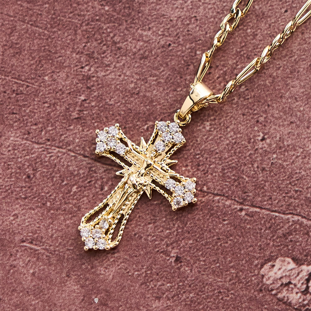 Christianartworkshop Ornate Zircon Crucifix Pendant Necklace with Figaro Chain: A Symbol of Sacred Devotion - Crucifix - image 0