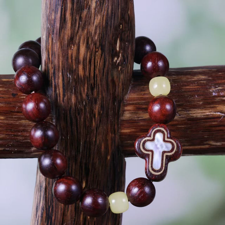 Christianartworkshop Sandalwood & Mother-of-Pearl Cross Beaded Bracelet: A Symbol of Divine Serenity - 7.87''/20cm - image 0