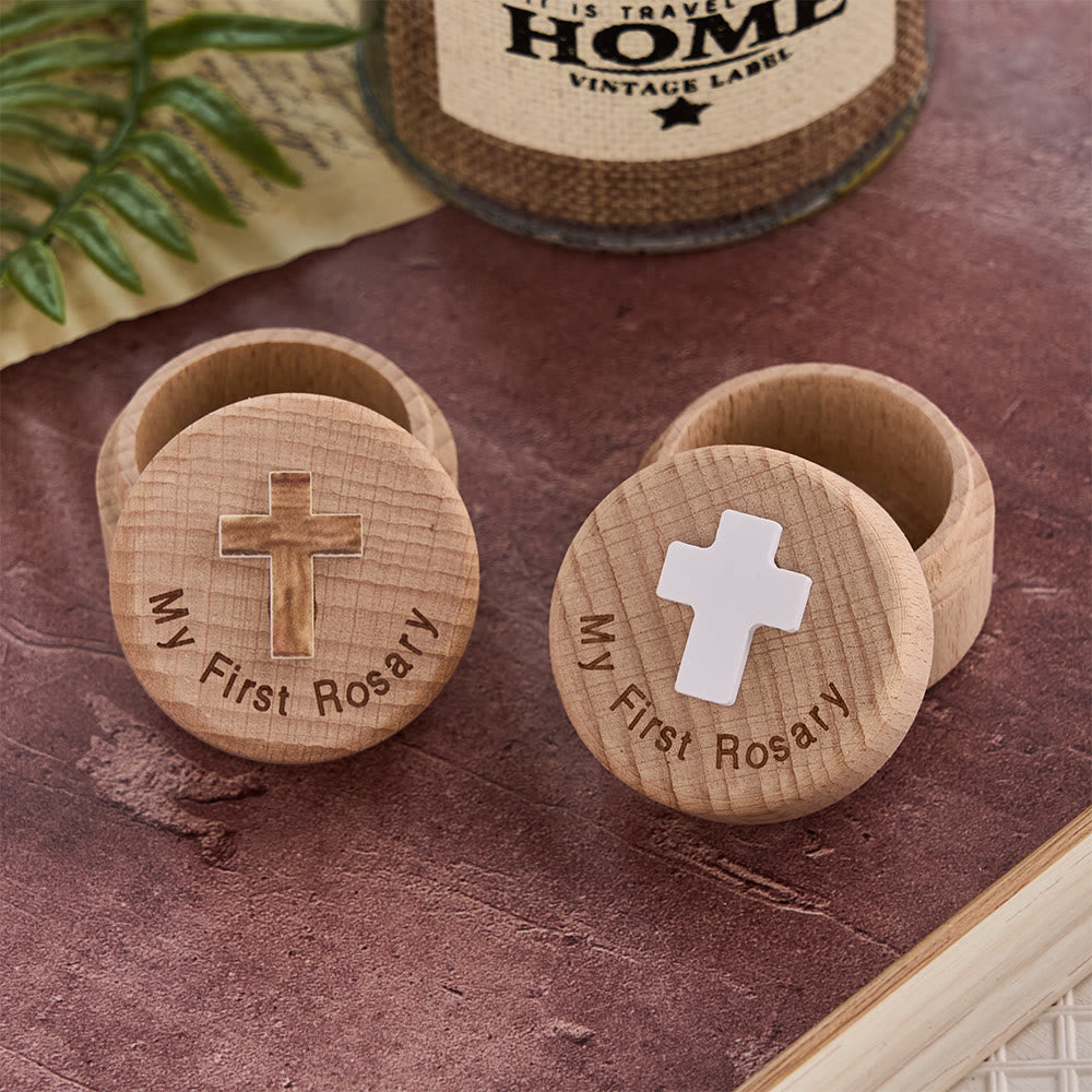 Christianartworkshop My First Rosary Wooden Keepsake Box with Cross Emblem: A Symbol of Sacred Beginnings - image 1