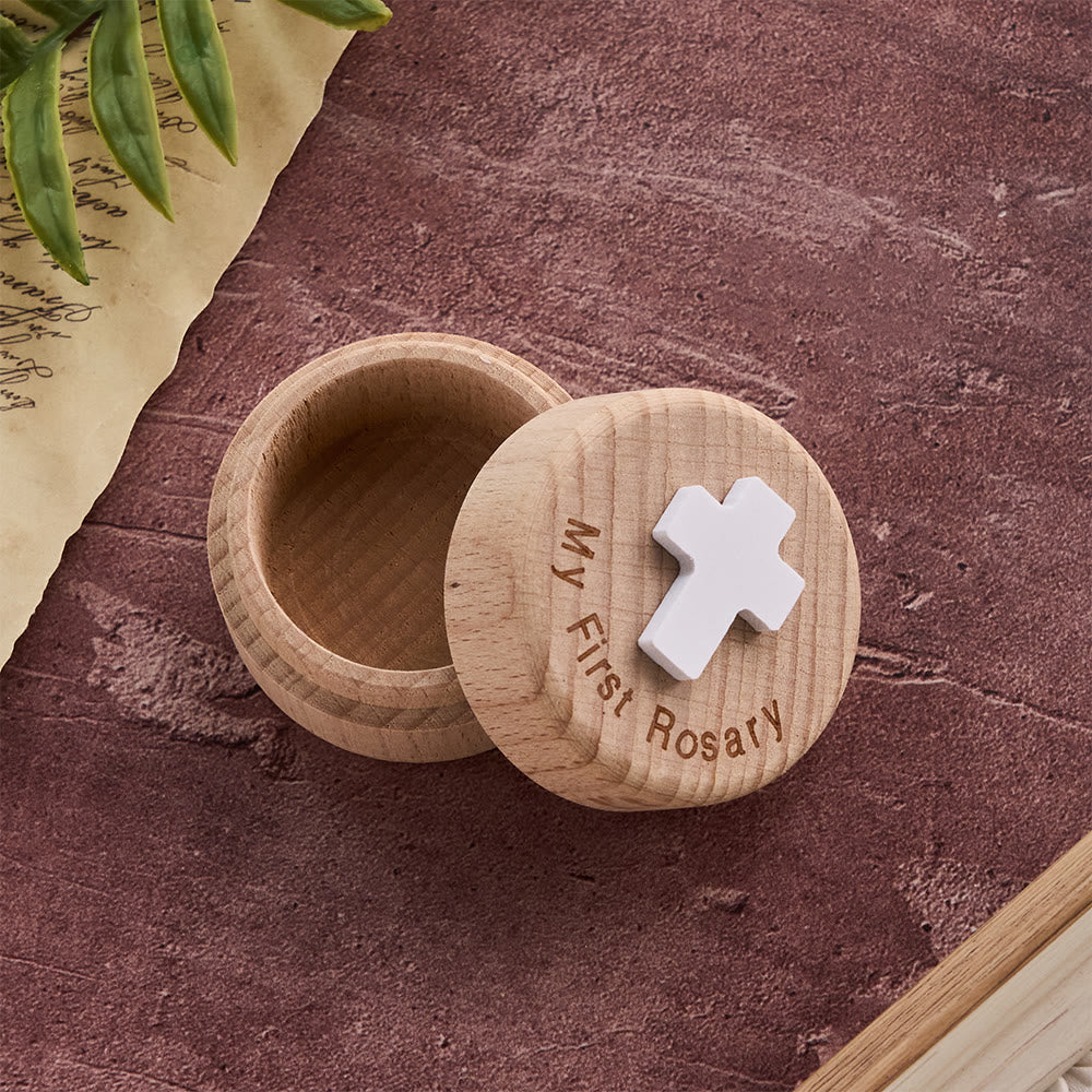 Christianartworkshop My First Rosary Wooden Keepsake Box with Cross Emblem: A Symbol of Sacred Beginnings - White - image 0