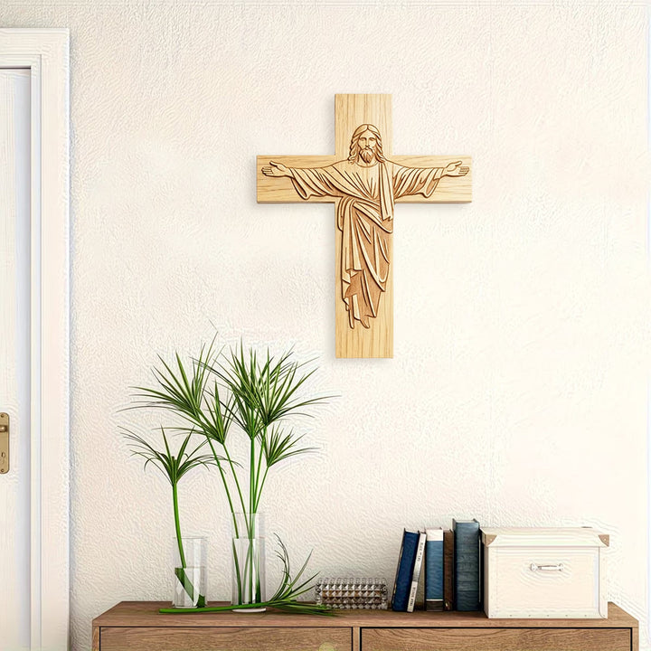 Christianartworkshop Classic Minimalist Jesus Cross Wood Plaque with Open-Arms Design: A Timeless Emblem of Devotion - image 3