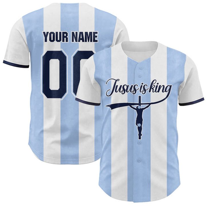 Christianartworkshop Custom Name Number "Jesus Is King" Cross Print Striped Baseball Jersey - 5XL - Name & Number Customized - image 0