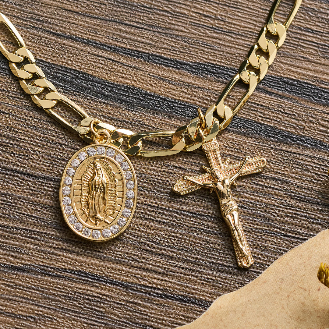 Christianartworkshop Figaro Chain Guadalupe Medal Bracelet with Rhinestone Border & Crucifix Charm - image 6