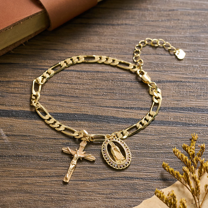 Christianartworkshop Figaro Chain Guadalupe Medal Bracelet with Rhinestone Border & Crucifix Charm - image 2