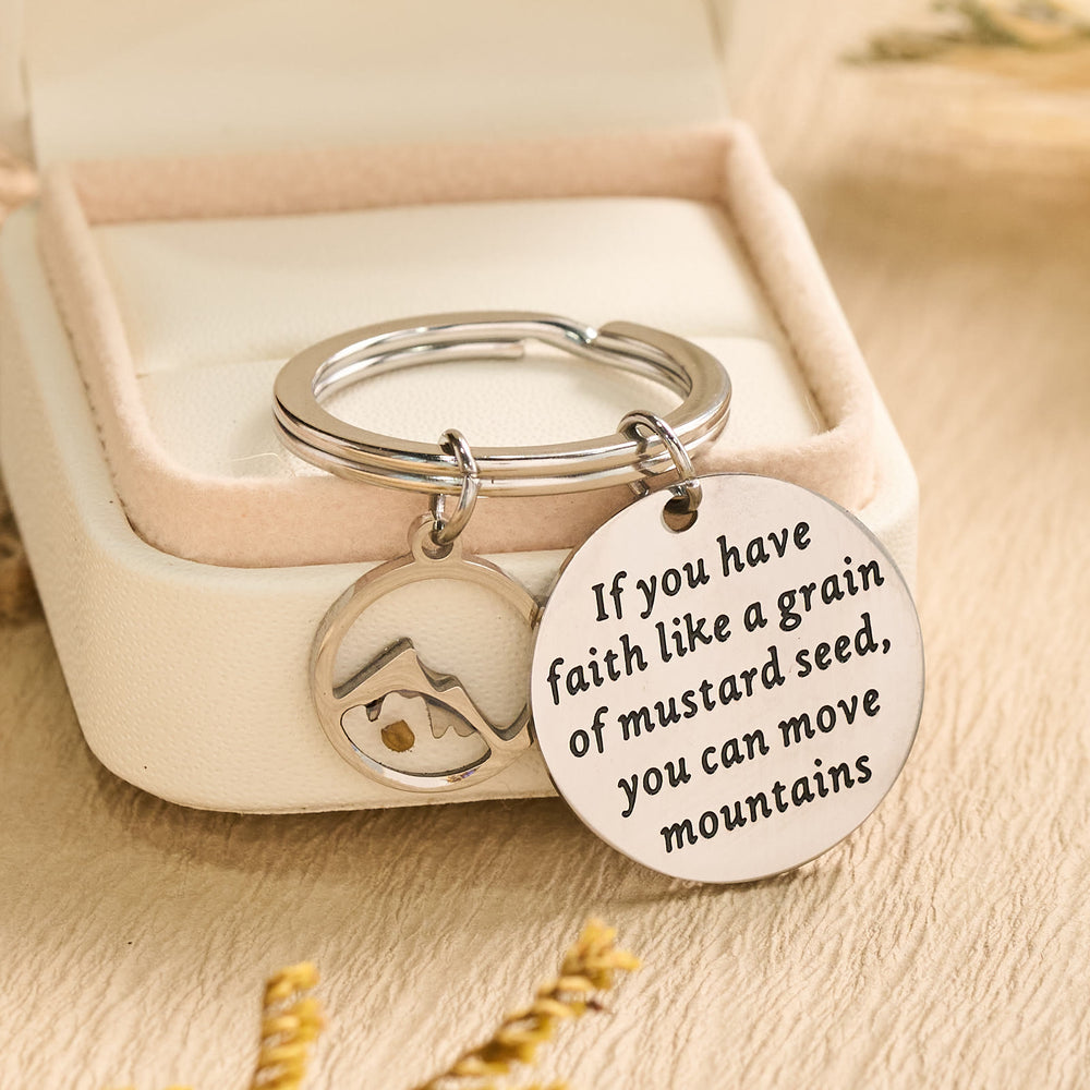 Christianartworkshop Mustard Seed Keychain with Engraved Faith Scripture & Hollow Mountain Charm - image 1