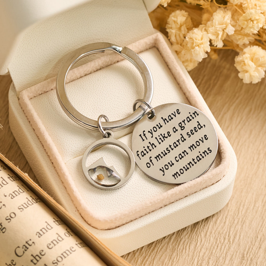 Christianartworkshop Mustard Seed Keychain with Engraved Faith Scripture & Hollow Mountain Charm - Mustard Seed Mount - image 0