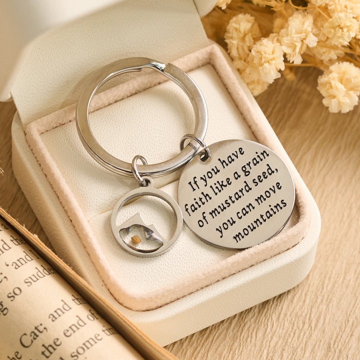 Christianartworkshop Mustard Seed Keychain with Engraved Faith Scripture & Hollow Mountain Charm - Mustard Seed Mount - image 0