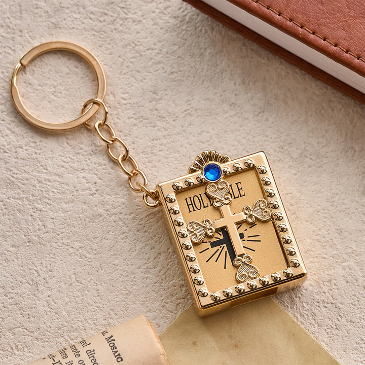 Christianartworkshop Hollow Heart-Cross Framed Mini Bible Keychain with Top Inlaid Zircon: A Symbol of Sacred Heavenly Promise - Golden & Blue - image 4