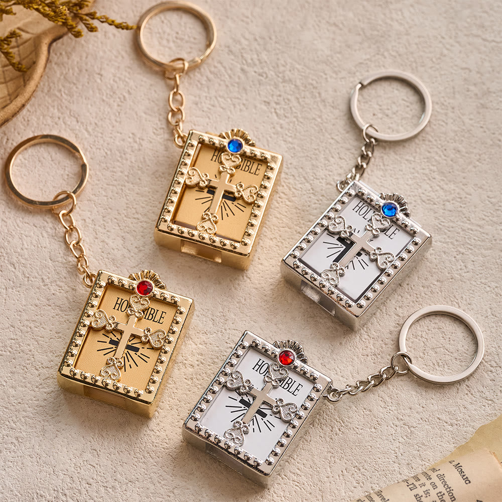 Christianartworkshop Hollow Heart-Cross Framed Mini Bible Keychain with Top Inlaid Zircon: A Symbol of Sacred Heavenly Promise - image 1