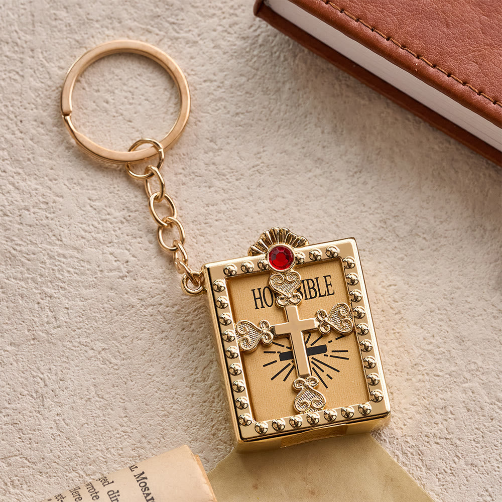 Christianartworkshop Hollow Heart-Cross Framed Mini Bible Keychain with Top Inlaid Zircon: A Symbol of Sacred Heavenly Promise - Golden & Red - image 3