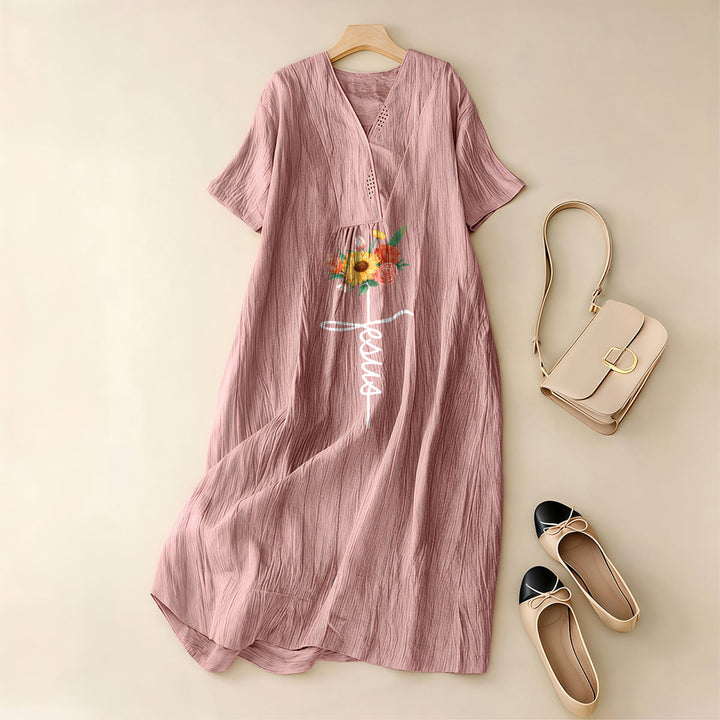 Christianartworkshop Jesus Script Cross & Sunflower Floral V-Neck Short Sleeve Midi Dress - image 14