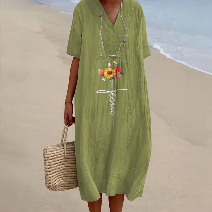Christianartworkshop Jesus Script Cross & Sunflower Floral V-Neck Short Sleeve Midi Dress - Olive Green - 4XL - image 15