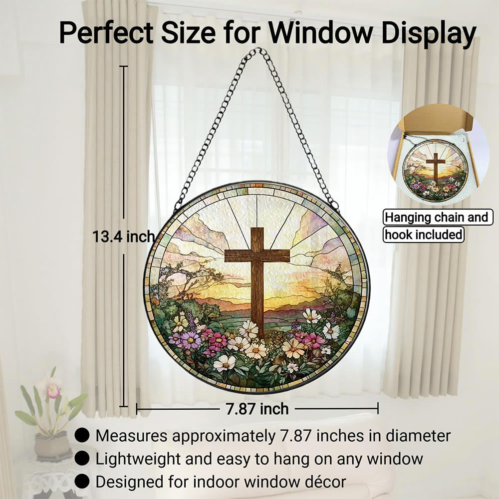 Christianartworkshop Round Stained Glass Cross Sunset Floral Suncatcher Window Hanging: A Symbol of Divine Warmth & Blessing - image 6
