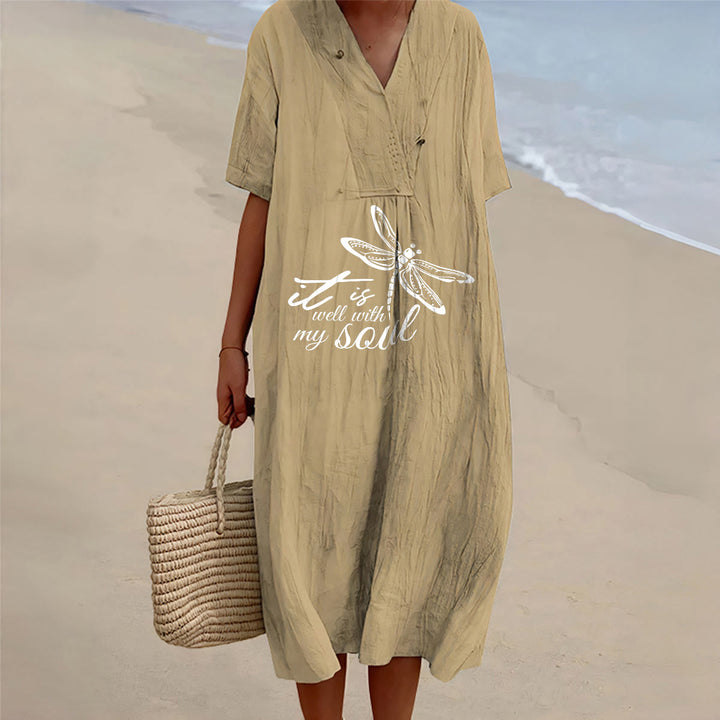 Christianartworkshop Summer Beach Faith Verse Dragonfly V-Neck Short Sleeve Midi Dress - Khaki - 4XL - image 9