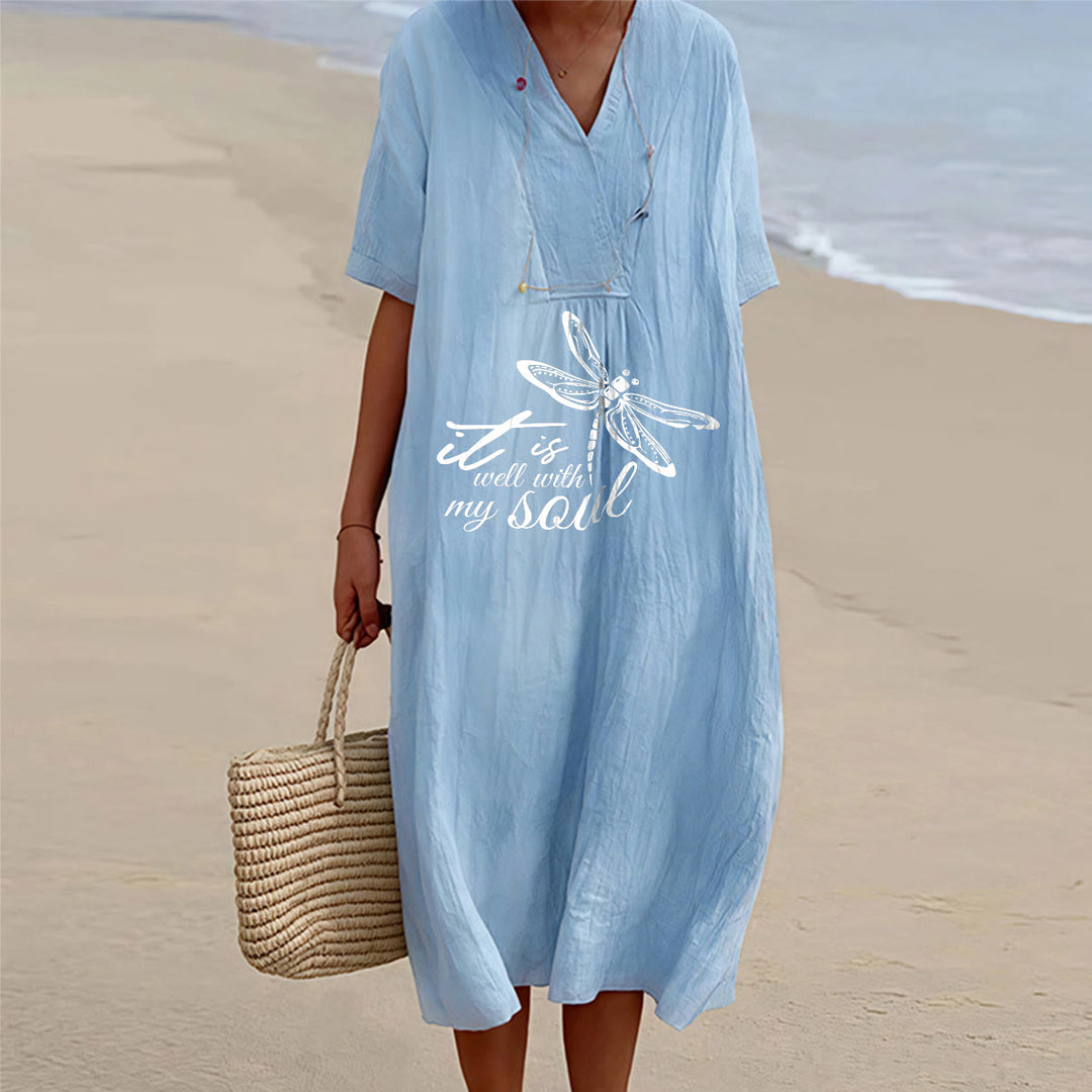 Christianartworkshop Summer Beach Faith Verse Dragonfly V-Neck Short Sleeve Midi Dress - Blue - 4XL - image 6
