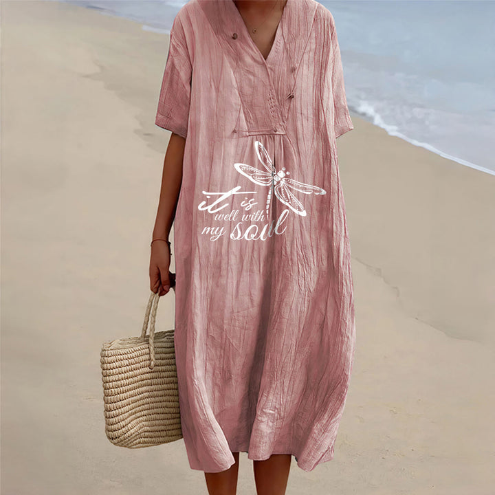 Christianartworkshop Summer Beach Faith Verse Dragonfly V-Neck Short Sleeve Midi Dress - Pink - 4XL - image 12
