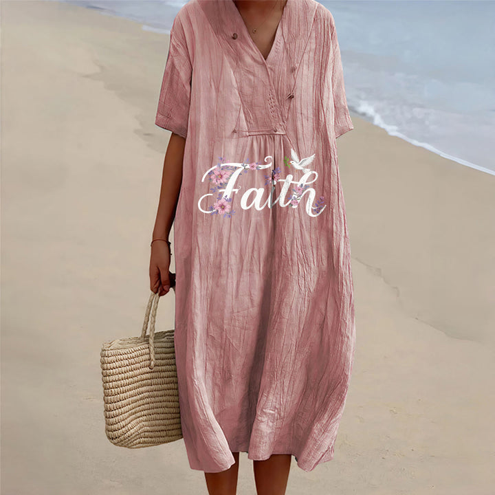 Christianartworkshop Faith Script White Dove & Blossom Print V-Neck Beach Midi Dress - Pink - 4XL - image 0
