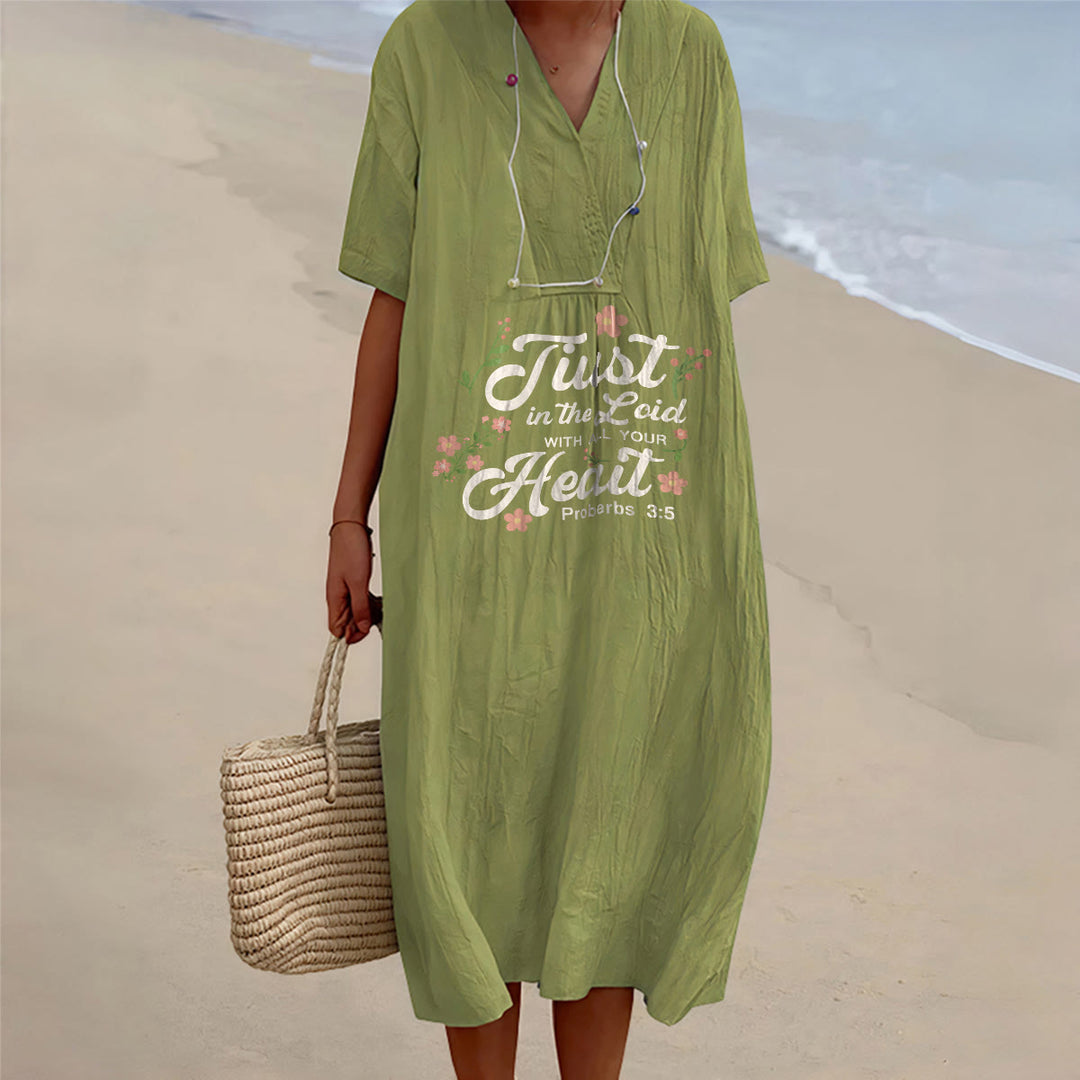 Christianartworkshop Trust In The Lord With All Your Heart Proverbs 3:5 Floral V-Neck Midi Dress - Olive Green - 4XL - image 0