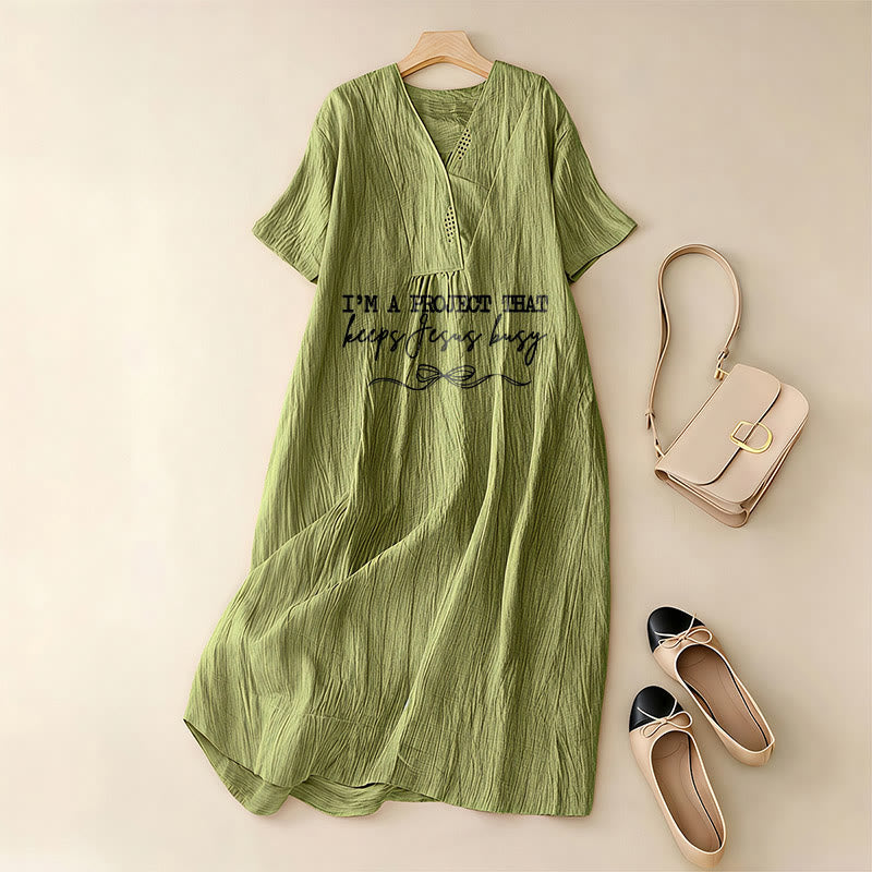 Christianartworkshop "I'm A Project That Keeps Jesus Busy" Bow Detail V-Neck Short Sleeve Midi Dress - image 17