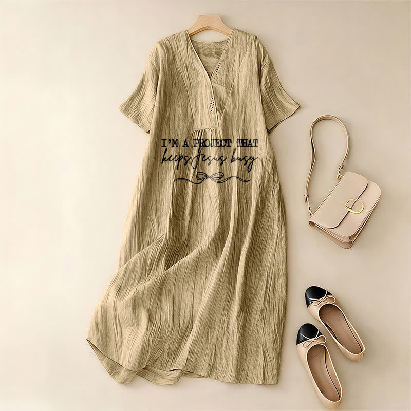 Christianartworkshop "I'm A Project That Keeps Jesus Busy" Bow Detail V-Neck Short Sleeve Midi Dress - image 14