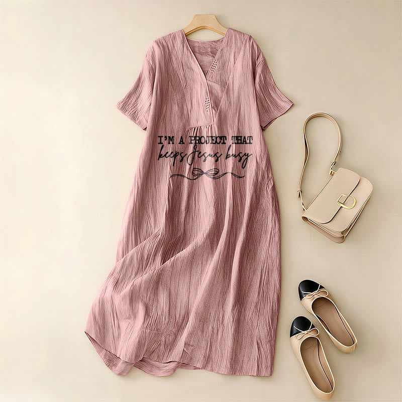 Christianartworkshop "I'm A Project That Keeps Jesus Busy" Bow Detail V-Neck Short Sleeve Midi Dress - image 5