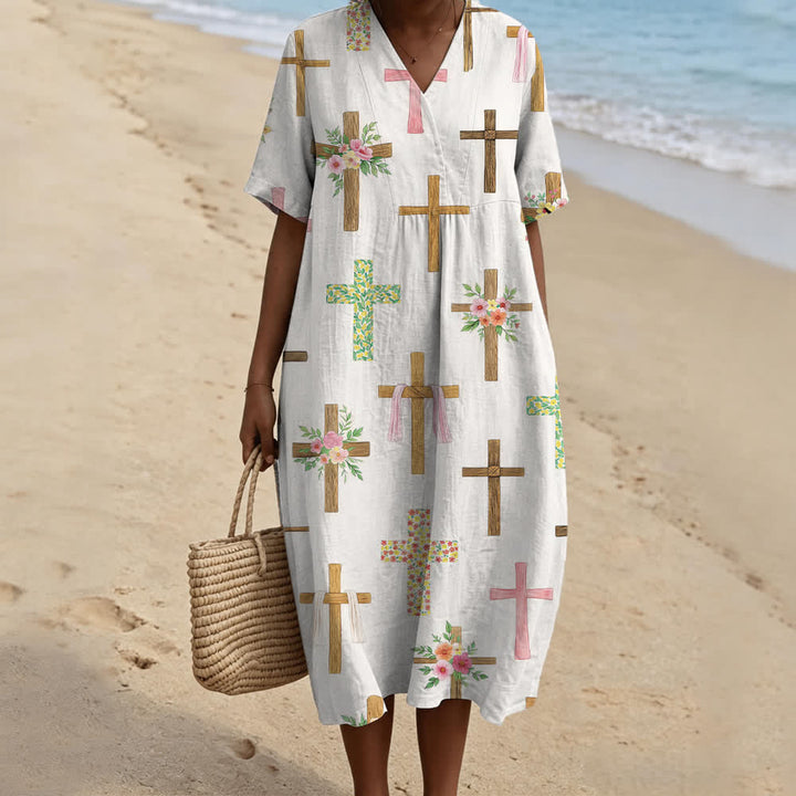 Christianartworkshop Floral Cross Print V-Neck Short Sleeve Midi Dress - image 2