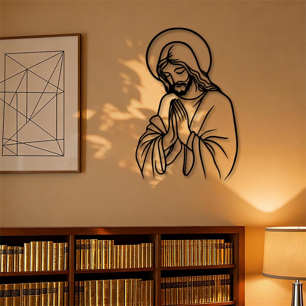 Christianartworkshop Minimal Line Art Praying Jesus Halo Metal Wall Decor: A Symbol of Humble Sacred Devotion - image 0